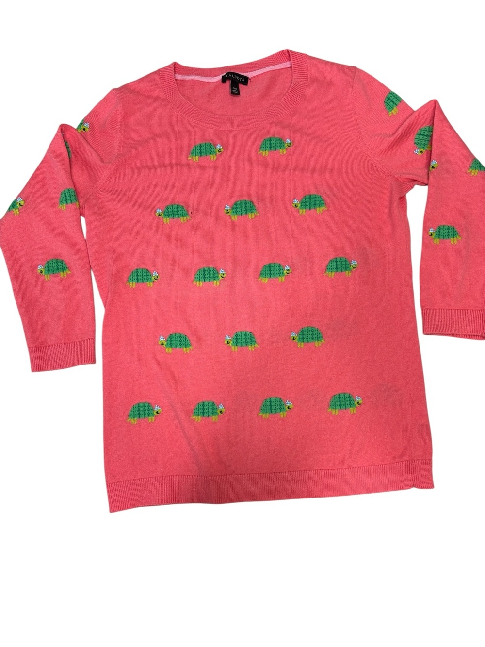 Talbots Coral Sweater with Green Turtle Motif